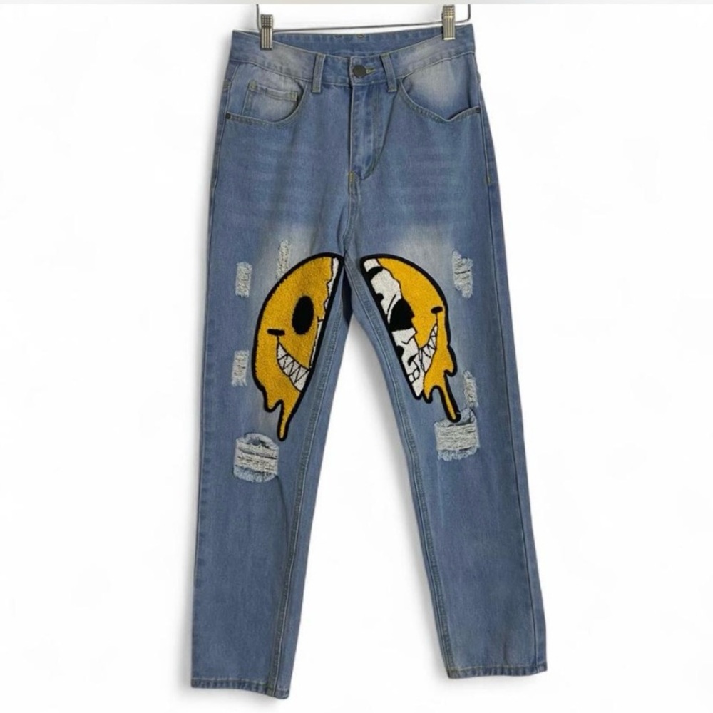Graphic Patch Jeans Smiley Face Distressed Y2K Streetwear Size 28